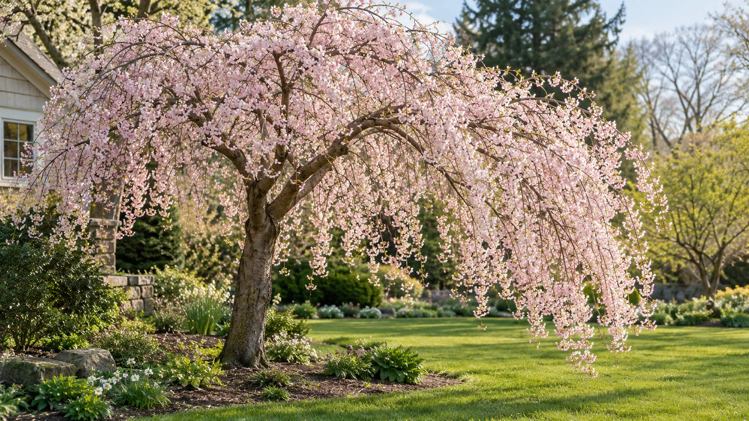 Pale pink blossoms cover the cascading branches of a weeping cherry in a garden
