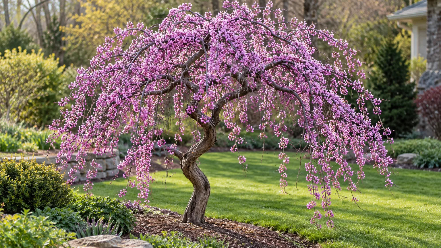 Lavender Twist weeping redbud with cascading pink-purple flowers on bare, twisting branches