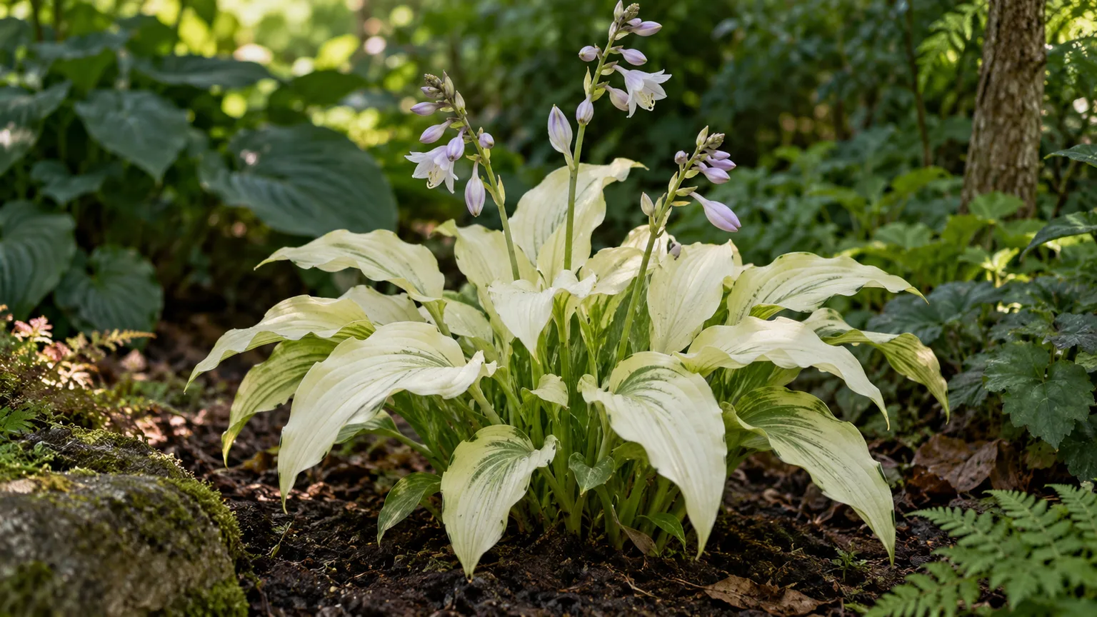 Healthy White Feather hosta with creamy spring leaves and lavender flower stalks in a shaded garden