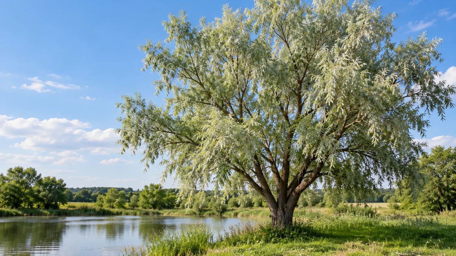 Mature white willow with silvery-backed leaves beside open water