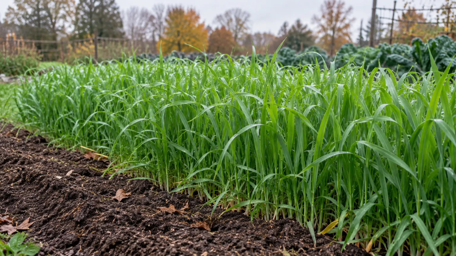 Healthy cereal rye cover crop growing in an outdoor vegetable bed