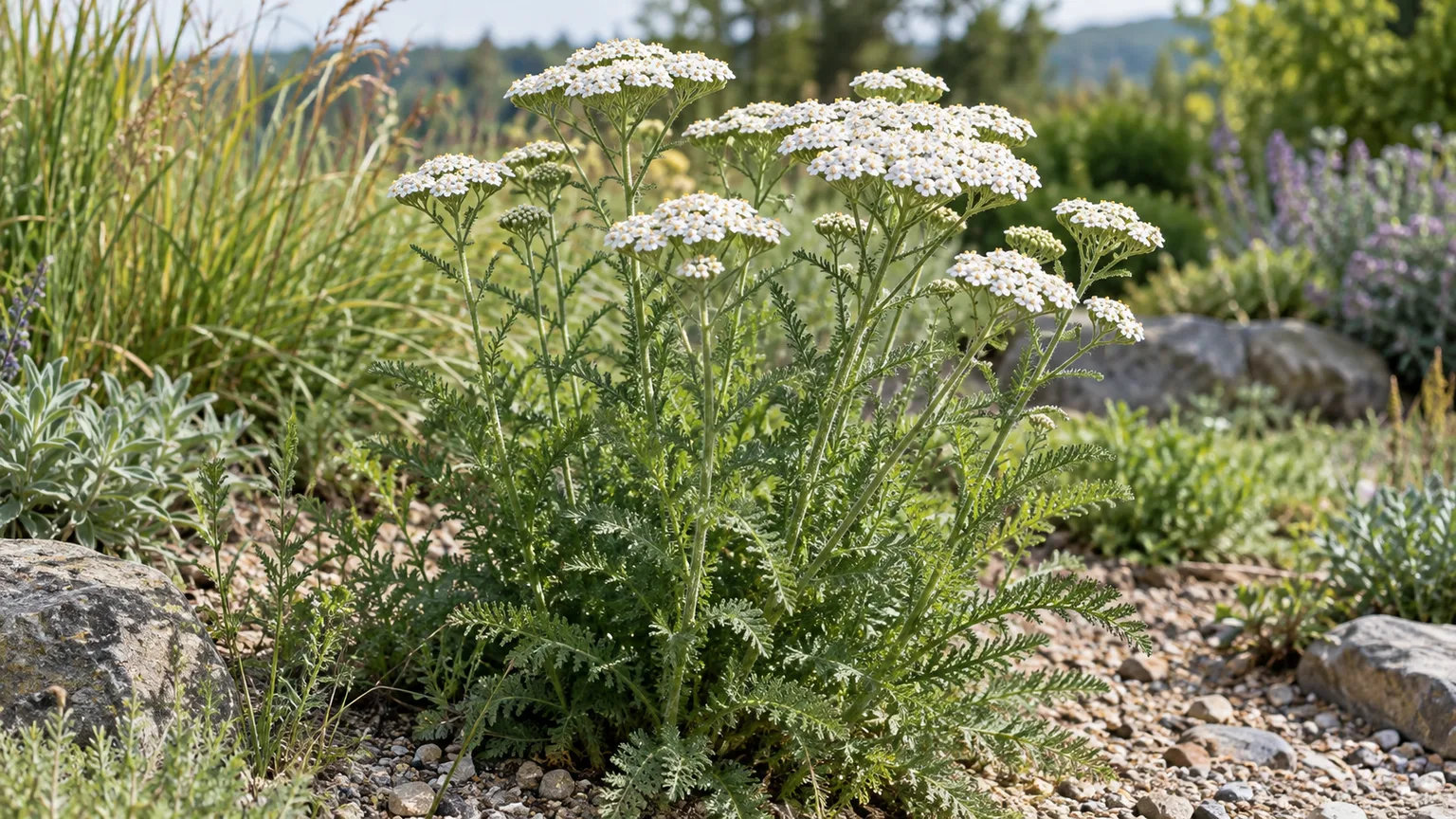 Pink yarrow flower clusters in a garden border