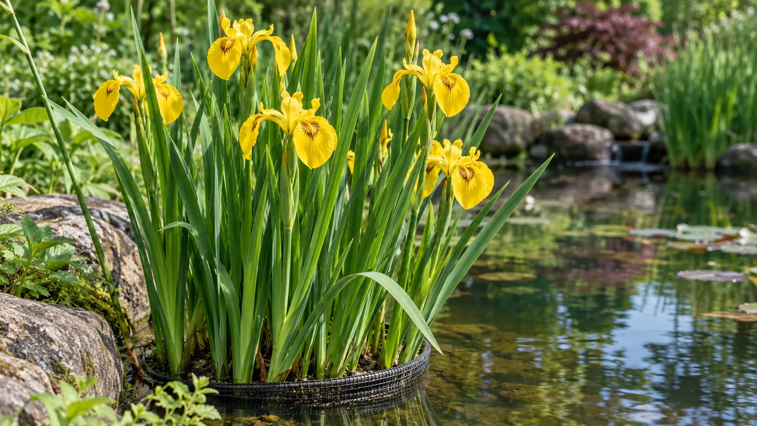 Yellow flag iris growing in a removable basket at the edge of a garden pond