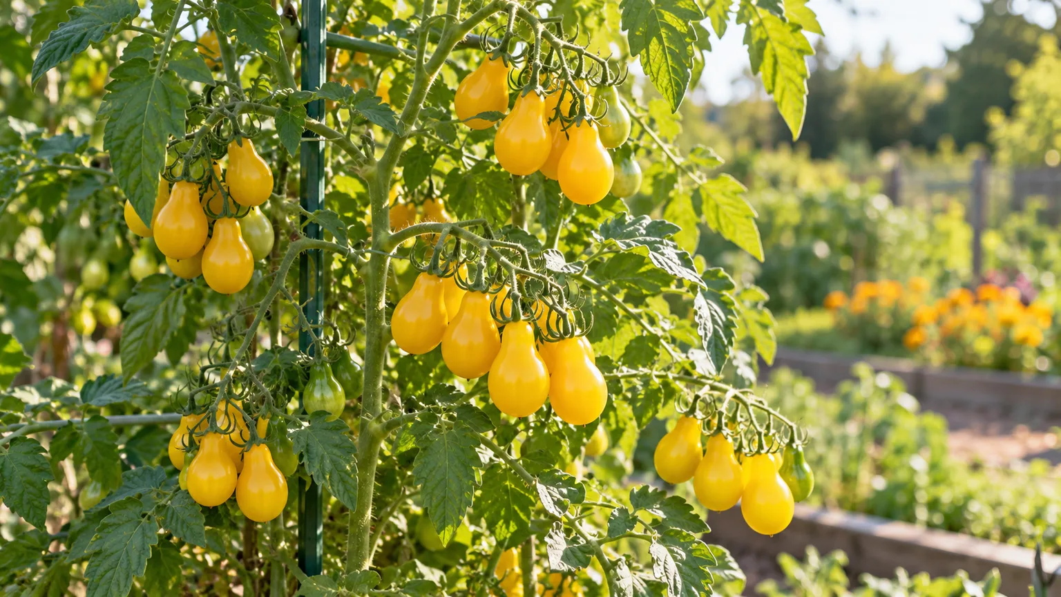 Healthy Yellow Pear tomato vine with clusters of ripe pear-shaped yellow fruits on a garden support