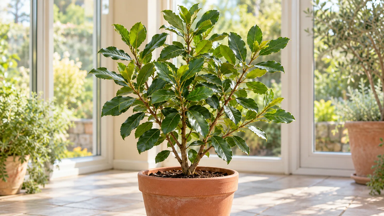 Healthy potted yerba mate shrub with glossy green leaves in a bright conservatory