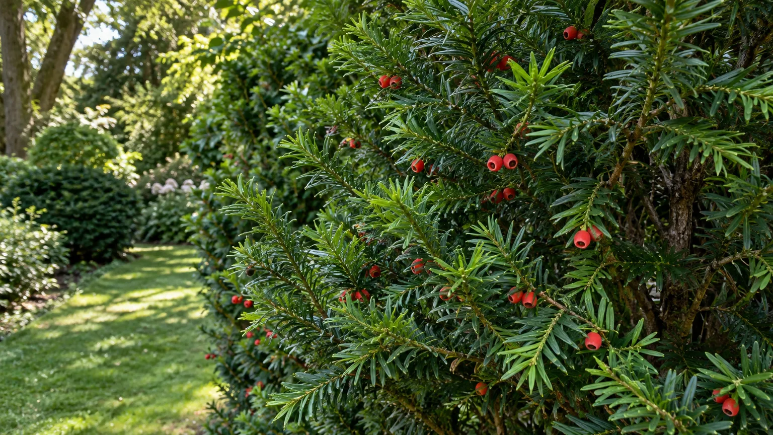 Healthy yew shrub with dark green foliage and red arils in a shaded garden
