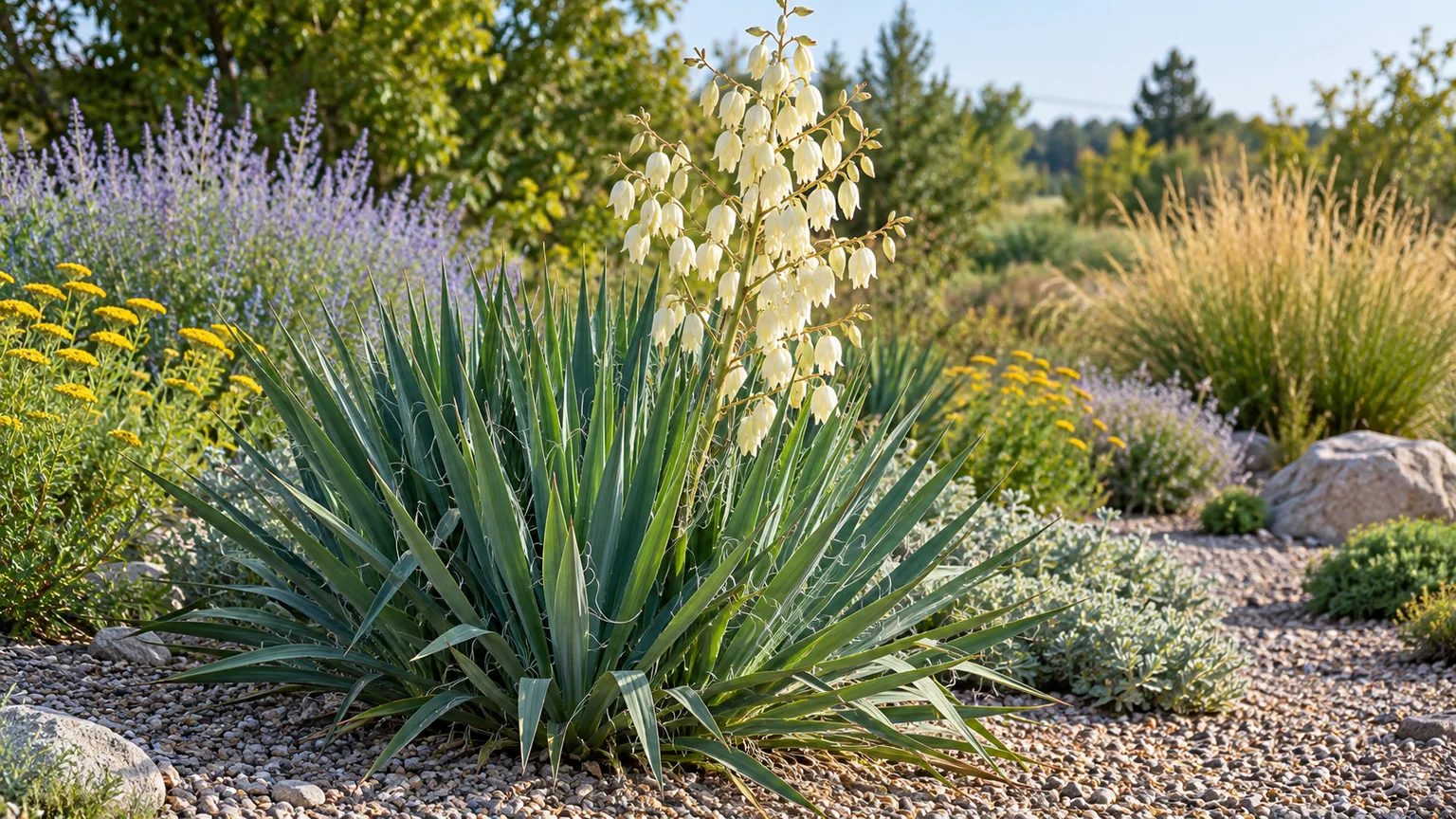 Adam’s needle in bloom with a basal rosette in a sunny rock garden