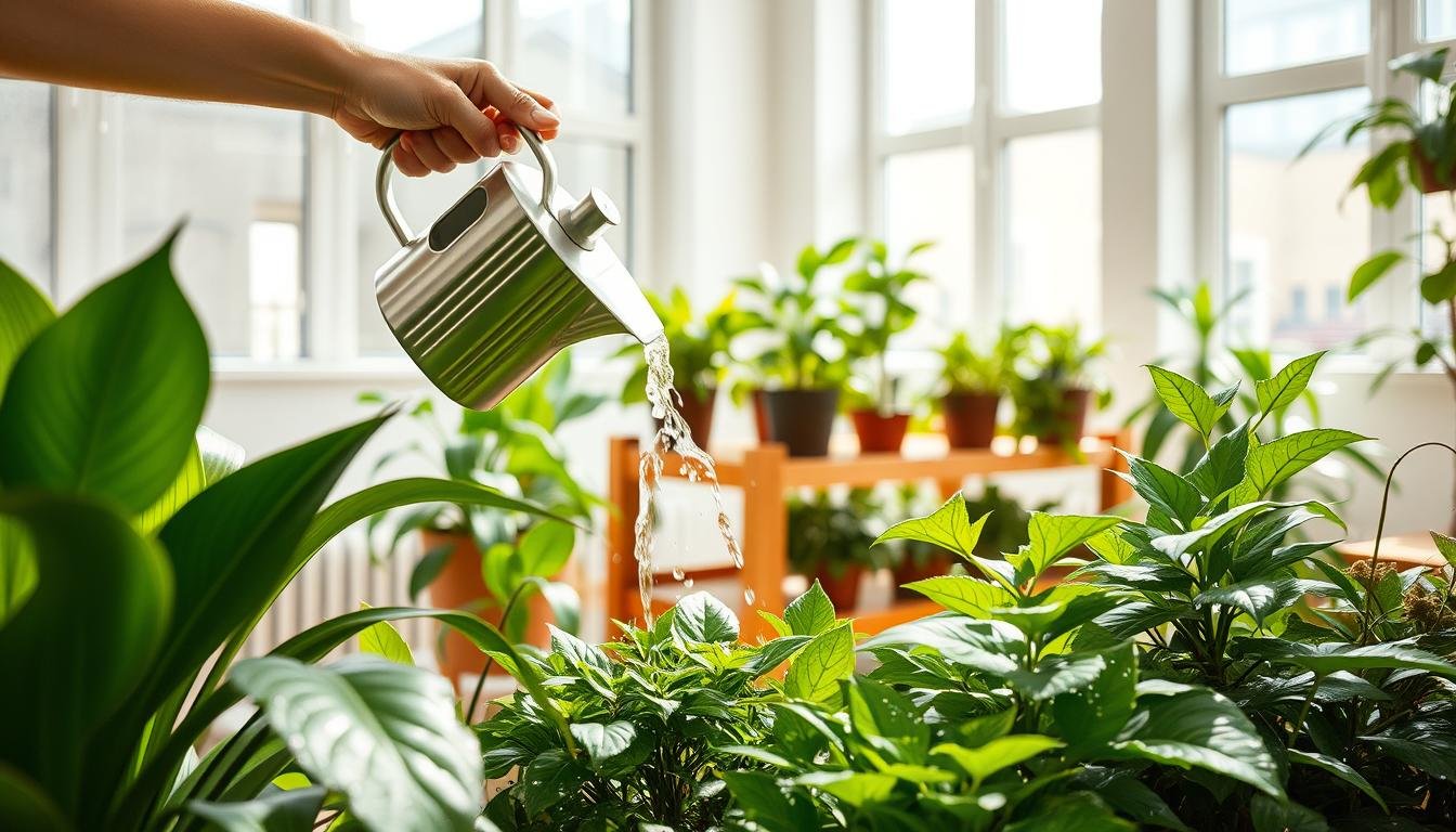 A bright, airy indoor space with natural lighting filtering through large windows. In the foreground, an assortment of lush, thriving houseplants in various sizes and shapes, their leaves glistening with water droplets. A person's hands gently watering the plants using a sleek, modern watering can, the stream of water cascading delicately onto the soil. In the middle ground, a wooden plant stand or shelf showcases a variety of potted plants, their foliage creating a verdant, calming atmosphere. The background features a minimalist, modern interior design, with clean lines and neutral tones that complement the vibrant greenery. The overall scene conveys a sense of tranquility, nurturing, and a connection to nature within an urban, indoor setting. A bright, airy indoor space with natural lighting filtering through large windows. In the foreground, an assortment of lush, thriving houseplants in various sizes and shapes, their leaves glistening with water droplets. A person's hands gently watering the plants using a sleek, modern watering can, the stream of water cascading delicately onto the soil. In the middle ground, a wooden plant stand or shelf showcases a variety of potted plants, their foliage creating a verdant, calming atmosphere. The background features a minimalist, modern interior design, with clean lines and neutral tones that complement the vibrant greenery. The overall scene conveys a sense of tranquility, nurturing, and a connection to nature within an urban, indoor setting.