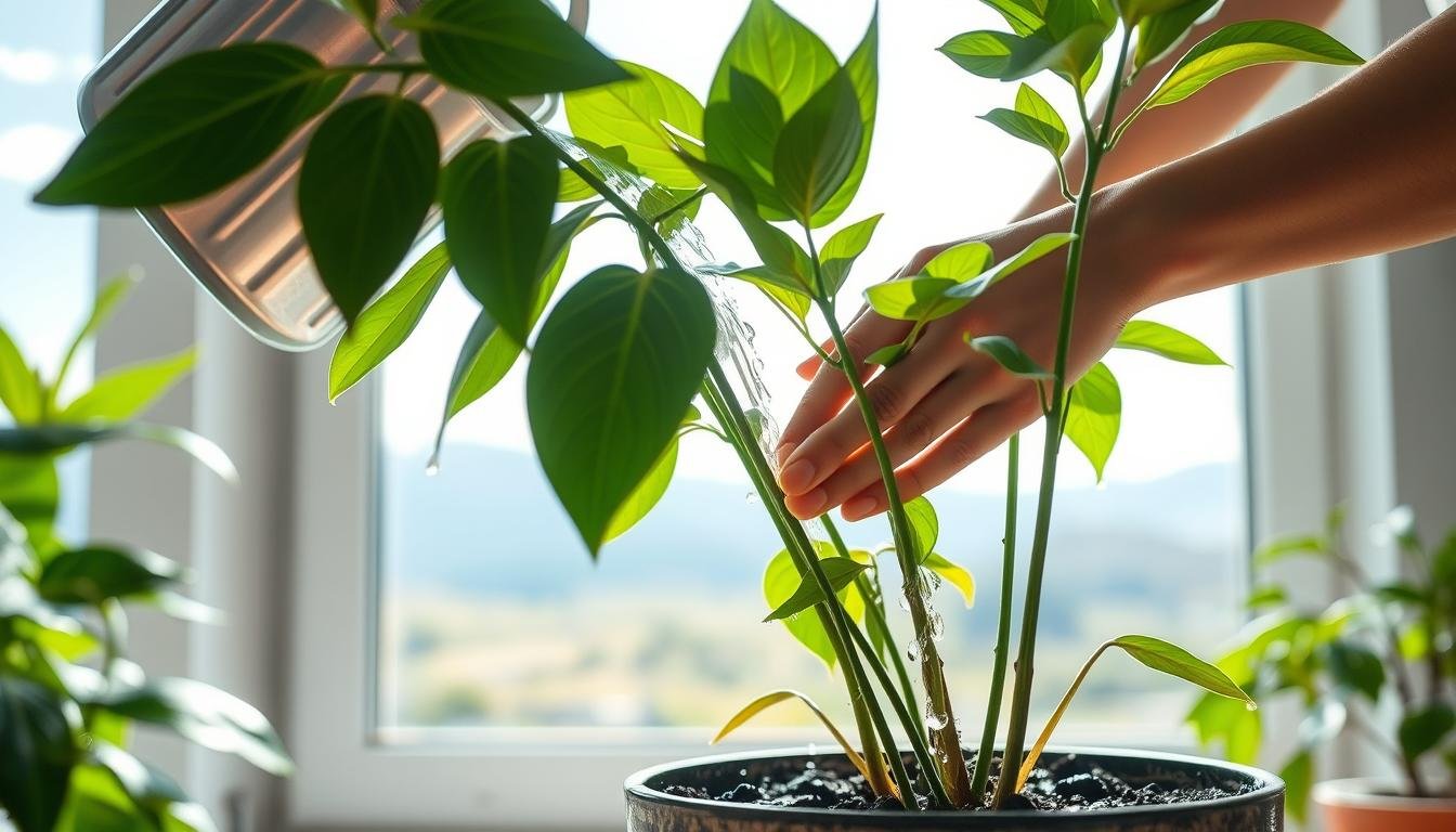 A brightly lit indoor plant scene with a lush potted plant in the foreground, its leaves gently swaying. In the middle ground, a person's hands are tenderly watering the plant, droplets of water glistening on the soil. The background features a window overlooking a peaceful outdoor landscape, natural light filtering in. The overall atmosphere is one of tranquility and care, highlighting the importance of proper watering for healthy indoor plants. A brightly lit indoor plant scene with a lush potted plant in the foreground, its leaves gently swaying. In the middle ground, a person's hands are tenderly watering the plant, droplets of water glistening on the soil. The background features a window overlooking a peaceful outdoor landscape, natural light filtering in. The overall atmosphere is one of tranquility and care, highlighting the importance of proper watering for healthy indoor plants.