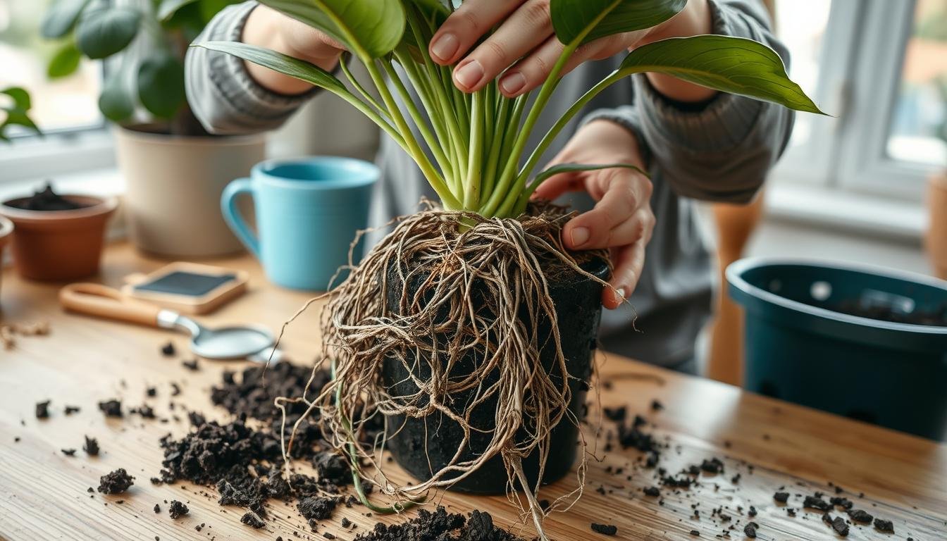 A close-up shot of a person's hands carefully removing a rootbound houseplant from its pot, revealing a tangled mass of roots. The plant is sitting on a wooden surface, with a background of potting soil, gardening tools, and a window letting in soft, natural light. The person's face is not visible, but their focus and gentle touch convey the care and attention required when repotting a root-bound plant. The image captures the delicate process of untangling and teasing apart the roots, preparing the plant for a larger container and continued healthy growth.