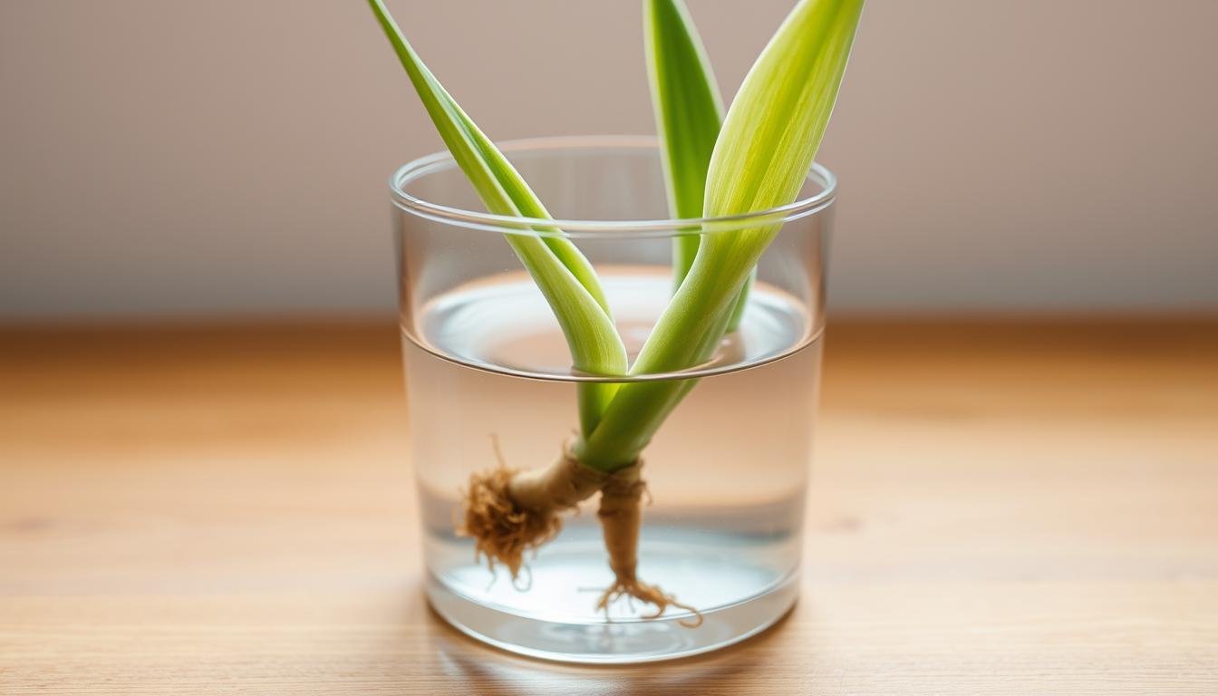A close-up shot of a snake plant cutting submerged in a clear glass container filled with water. The cutting's leaves and roots are visible, showcasing the early stages of water propagation. The container is placed on a wooden surface, with soft, natural lighting highlighting the delicate green hues and the water's clarity. The background is blurred, creating a serene, minimalist atmosphere that emphasizes the simplicity and beauty of this plant propagation technique.