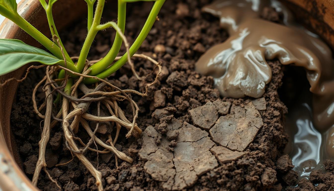 A close-up view of a potting soil-filled planter, showcasing common repotting problems. In the foreground, a wilted and discolored houseplant struggles to thrive, its roots entangled and bound. The middle ground reveals a cracked and dried-out potting mix, while the background depicts an overflowing, wet and soggy soil medium. Soft, natural lighting illuminates the scene, emphasizing the contrasting textures and states of the soil and plant. The overall mood evokes a sense of concern and the need for remedial action to revive the ailing houseplant.