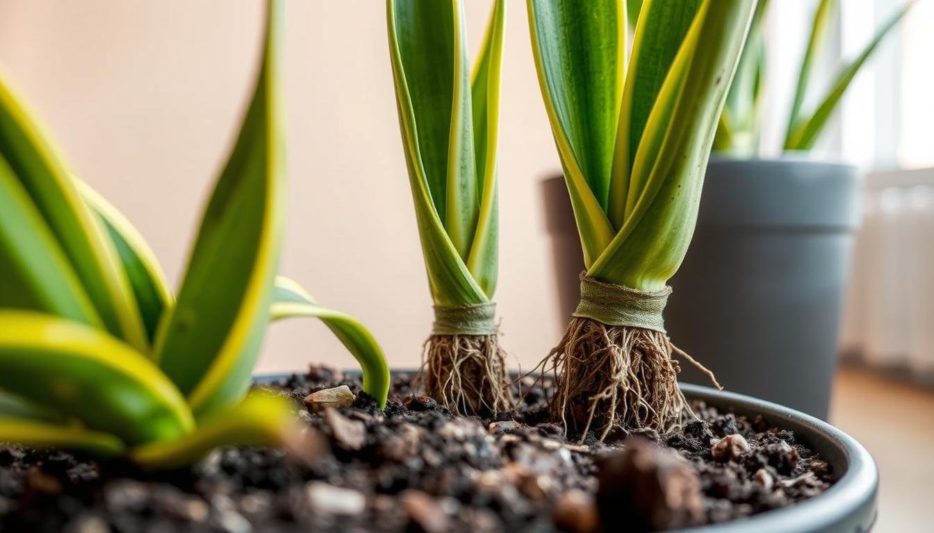 A close-up view of snake plant propagation showcasing the process of separating and replanting offsets. The foreground features a snake plant with its leaves and soil, while the middle ground depicts the separation of an offset with roots. The background presents a neutral, soft-focus environment with warm, natural lighting, highlighting the textures and details of the plant. The composition emphasizes the step-by-step nature of propagation, inviting the viewer to understand the techniques involved. The overall atmosphere is informative, calming, and visually engaging, capturing the essence of the FAQ section on snake plant propagation.