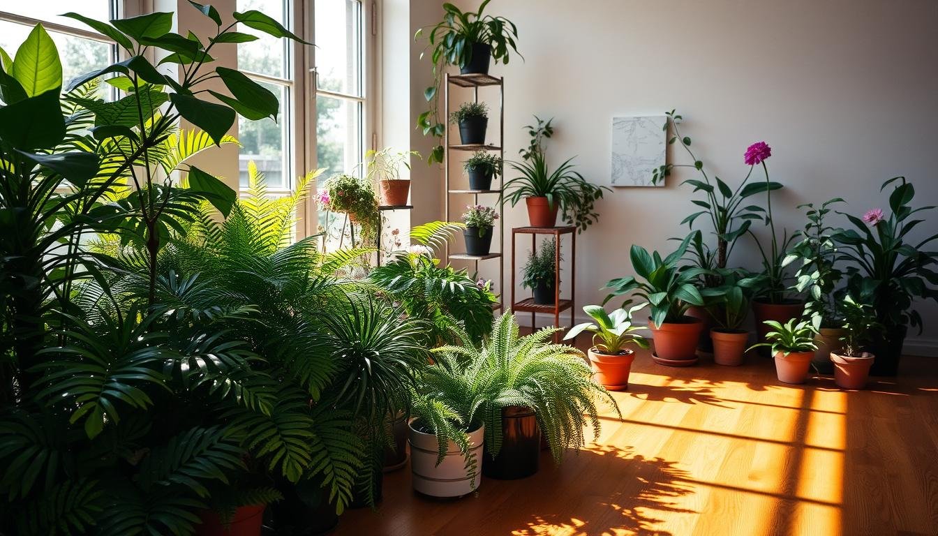 A cozy indoor garden scene, illuminated by warm, natural lighting filtering through large windows. In the foreground, a lush collection of thriving houseplants, their leaves casting intricate shadows on the polished wooden floor. A mix of potted greenery, including leafy ferns, delicate succulents, and vibrant flowering plants, artfully arranged to create a harmonious and visually striking display. The middle ground features a vintage-inspired metal plant stand, its rustic charm complementing the earthy tones of the potted plants. In the background, a minimalist white wall serves as a clean backdrop, allowing the vibrant foliage to take center stage. The overall atmosphere exudes a sense of tranquility and an appreciation for the beauty of indoor gardening. A cozy indoor garden scene, illuminated by warm, natural lighting filtering through large windows. In the foreground, a lush collection of thriving houseplants, their leaves casting intricate shadows on the polished wooden floor. A mix of potted greenery, including leafy ferns, delicate succulents, and vibrant flowering plants, artfully arranged to create a harmonious and visually striking display. The middle ground features a vintage-inspired metal plant stand, its rustic charm complementing the earthy tones of the potted plants. In the background, a minimalist white wall serves as a clean backdrop, allowing the vibrant foliage to take center stage. The overall atmosphere exudes a sense of tranquility and an appreciation for the beauty of indoor gardening.