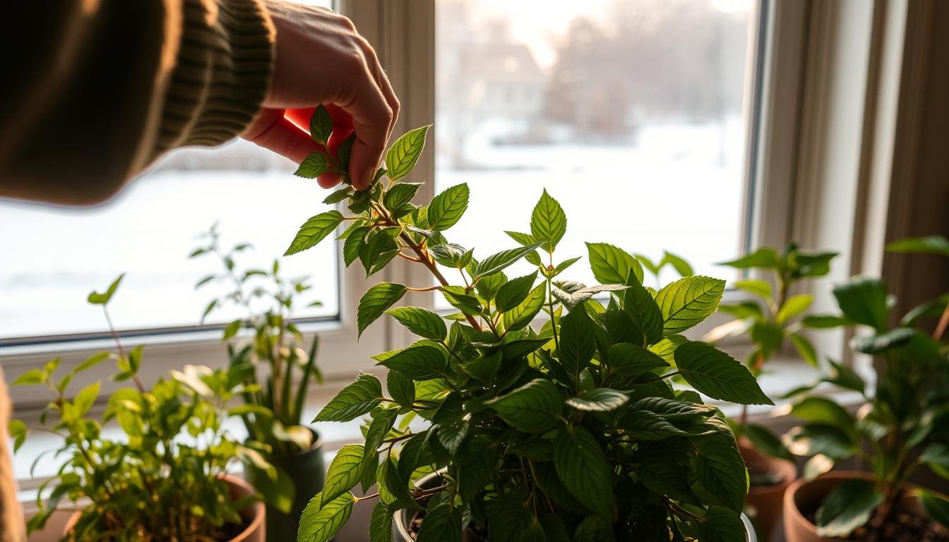 A cozy indoor scene during the winter season. In the foreground, a person is carefully pruning a lush, green houseplant, their hands delicately shaping the foliage. Warm, soft lighting illuminates the scene, casting gentle shadows. The middle ground features a collection of other thriving houseplants, their leaves glistening with health. In the background, a window overlooks a snowy, wintry landscape, providing a peaceful, serene backdrop. The overall mood is one of tranquility, as the person tenderly cares for their indoor greenery during the cold, dormant months. A cozy indoor scene during the winter season. In the foreground, a person is carefully pruning a lush, green houseplant, their hands delicately shaping the foliage. Warm, soft lighting illuminates the scene, casting gentle shadows. The middle ground features a collection of other thriving houseplants, their leaves glistening with health. In the background, a window overlooks a snowy, wintry landscape, providing a peaceful, serene backdrop. The overall mood is one of tranquility, as the person tenderly cares for their indoor greenery during the cold, dormant months.