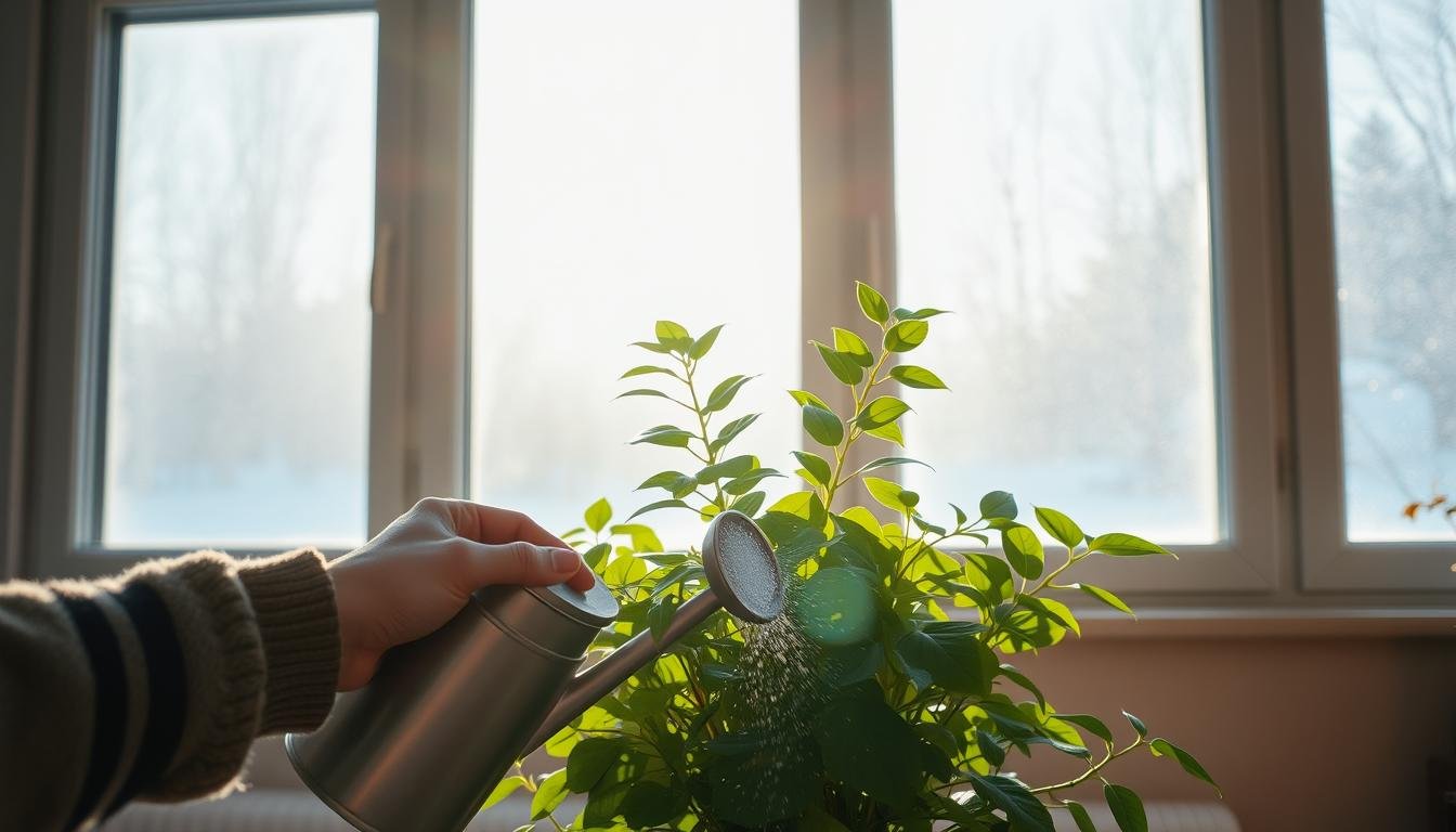 A cozy indoor setting on a chilly winter day, the sunlight filtering through frosted windows onto a lush, thriving indoor plant. The plant's vibrant foliage stands out against the muted tones of the room, its leaves gently moving as a soft breeze blows through the space. In the foreground, a hand carefully holds a watering can, ready to provide the plant with the perfect amount of hydration to keep it healthy and happy during the cold season. The image captures the delicate balance of caring for plants when the outdoor temperature drops, emphasizing the importance of adjusting watering needs to ensure their continued growth and wellbeing. A cozy indoor setting on a chilly winter day, the sunlight filtering through frosted windows onto a lush, thriving indoor plant. The plant's vibrant foliage stands out against the muted tones of the room, its leaves gently moving as a soft breeze blows through the space. In the foreground, a hand carefully holds a watering can, ready to provide the plant with the perfect amount of hydration to keep it healthy and happy during the cold season. The image captures the delicate balance of caring for plants when the outdoor temperature drops, emphasizing the importance of adjusting watering needs to ensure their continued growth and wellbeing.