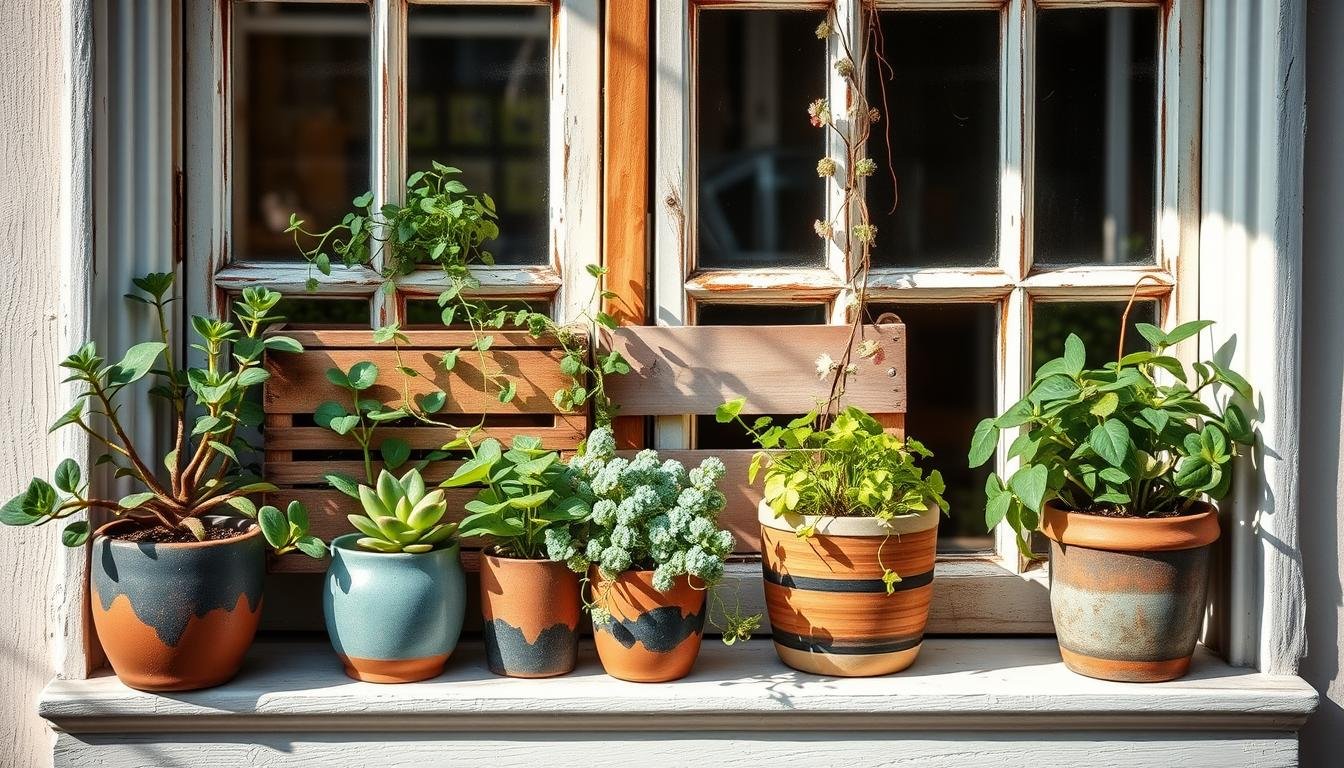 A cozy windowsill, filled with a variety of charming DIY planters. In the foreground, handcrafted ceramic pots in earthy tones hold thriving succulents and herbs, their leaves gently swaying in the soft natural light. In the middle ground, wooden crates or reclaimed boxes brimming with cascading vines and trailing flowers create a lush, inviting display. The background features a tastefully weathered windowframe, framing the entire scene with a sense of rustic elegance. Subtle shadows and highlights accentuate the textures and forms, resulting in a harmonious, inviting composition that captures the essence of homemade windowsill gardens. A cozy windowsill, filled with a variety of charming DIY planters. In the foreground, handcrafted ceramic pots in earthy tones hold thriving succulents and herbs, their leaves gently swaying in the soft natural light. In the middle ground, wooden crates or reclaimed boxes brimming with cascading vines and trailing flowers create a lush, inviting display. The background features a tastefully weathered windowframe, framing the entire scene with a sense of rustic elegance. Subtle shadows and highlights accentuate the textures and forms, resulting in a harmonious, inviting composition that captures the essence of homemade windowsill gardens.