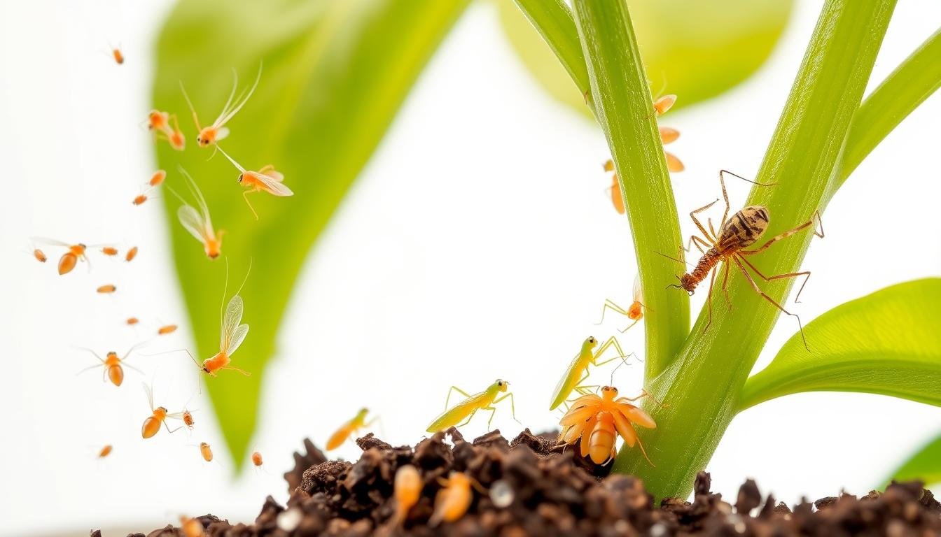 A detailed macro photograph of common houseplant pests against a clean white background. In the foreground, a cluster of fungus gnats hovering over the soil, their delicate wings and elongated bodies meticulously rendered. In the middle ground, an aphid colony infesting the stem of a lush, green houseplant, their translucent bodies glistening. In the background, a lone spider mite scurrying across a leaf, its intricate web-like patterns visible. Crisp, even lighting accentuates the textures and colors of these pesky insects, conveying a sense of scientific study and close observation. A detailed macro photograph of common houseplant pests against a clean white background. In the foreground, a cluster of fungus gnats hovering over the soil, their delicate wings and elongated bodies meticulously rendered. In the middle ground, an aphid colony infesting the stem of a lush, green houseplant, their translucent bodies glistening. In the background, a lone spider mite scurrying across a leaf, its intricate web-like patterns visible. Crisp, even lighting accentuates the textures and colors of these pesky insects, conveying a sense of scientific study and close observation.