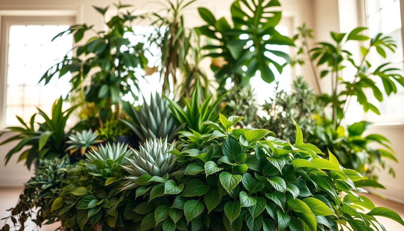 A lush, meticulously arranged grouping of diverse houseplants sits in a bright, airy room. In the foreground, a cluster of leafy, verdant foliage in various shades of green forms the focal point, their leaves gently swaying as if dancing in a gentle breeze. The middle ground features a mix of succulents and trailing vines, their intricate textures and shapes creating visual interest. In the background, larger, statement-making plants, such as a towering fiddle-leaf fig or a majestic monstera, provide a sense of depth and scale. Warm, diffused lighting filters through large windows, casting a soft, natural glow over the scene and highlighting the plants' vibrant colors. The overall composition exudes a sense of tranquility and harmony, perfectly capturing the essence of a well-curated indoor plant grouping. A lush, meticulously arranged grouping of diverse houseplants sits in a bright, airy room. In the foreground, a cluster of leafy, verdant foliage in various shades of green forms the focal point, their leaves gently swaying as if dancing in a gentle breeze. The middle ground features a mix of succulents and trailing vines, their intricate textures and shapes creating visual interest. In the background, larger, statement-making plants, such as a towering fiddle-leaf fig or a majestic monstera, provide a sense of depth and scale. Warm, diffused lighting filters through large windows, casting a soft, natural glow over the scene and highlighting the plants' vibrant colors. The overall composition exudes a sense of tranquility and harmony, perfectly capturing the essence of a well-curated indoor plant grouping.