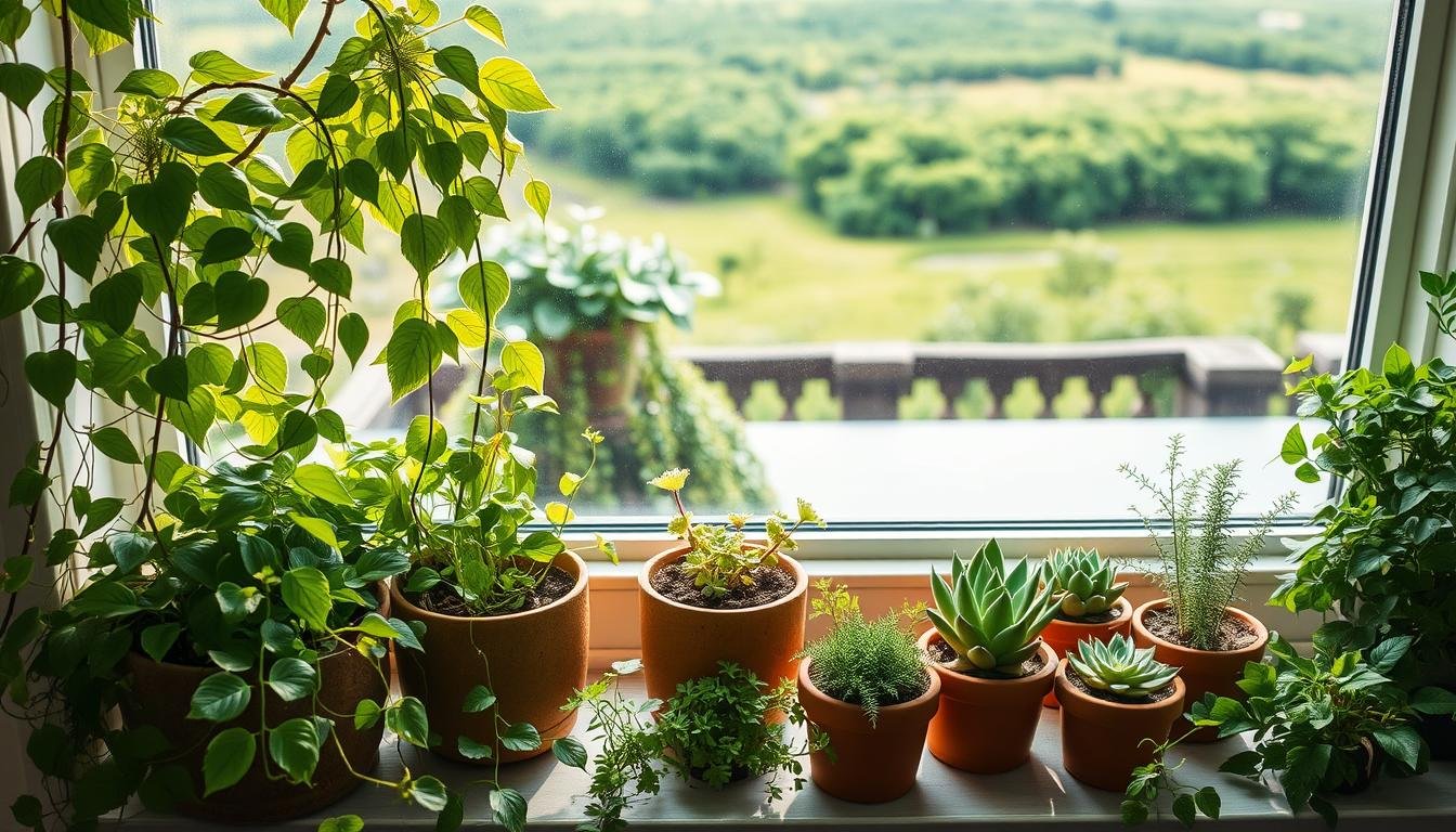 A lush, verdant windowsill garden bathed in soft, natural light. In the foreground, a diverse array of thriving potted plants, their leaves gently swaying. Trailing vines cascade over the edges, creating a sense of abundance and life. In the middle ground, a few small terracotta pots housing succulents and herbs, their intricate textures and earthy tones complementing the overall scene. The background features a tranquil outdoor setting, with a glimpse of a vibrant green landscape beyond the window, reflecting the harmony of the indoor-outdoor connection. The overall mood is one of serenity, sustainability, and a celebration of nature's bounty, perfectly capturing the essence of "Sustainable Plant Choices." A lush, verdant windowsill garden bathed in soft, natural light. In the foreground, a diverse array of thriving potted plants, their leaves gently swaying. Trailing vines cascade over the edges, creating a sense of abundance and life. In the middle ground, a few small terracotta pots housing succulents and herbs, their intricate textures and earthy tones complementing the overall scene. The background features a tranquil outdoor setting, with a glimpse of a vibrant green landscape beyond the window, reflecting the harmony of the indoor-outdoor connection. The overall mood is one of serenity, sustainability, and a celebration of nature's bounty, perfectly capturing the essence of "Sustainable Plant Choices."