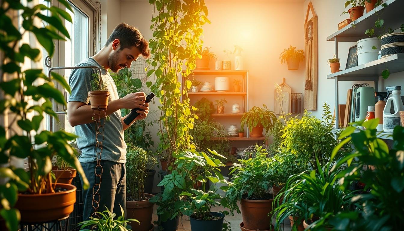 A sun-dappled indoor apartment garden, lush with potted plants and trailing vines. In the foreground, a person in casual attire carefully inspects the foliage, examining for signs of pests. Overhead, a soft warm lighting filters through the windows, casting a cozy glow. The middle ground reveals various organic pest control methods, such as organic sprays and natural predators. In the background, shelves lined with gardening tools and supplies suggest a well-equipped space dedicated to maintaining a thriving indoor oasis. The scene conveys a sense of tranquility and the rewards of diligent pest management in a small urban living space. A sun-dappled indoor apartment garden, lush with potted plants and trailing vines. In the foreground, a person in casual attire carefully inspects the foliage, examining for signs of pests. Overhead, a soft warm lighting filters through the windows, casting a cozy glow. The middle ground reveals various organic pest control methods, such as organic sprays and natural predators. In the background, shelves lined with gardening tools and supplies suggest a well-equipped space dedicated to maintaining a thriving indoor oasis. The scene conveys a sense of tranquility and the rewards of diligent pest management in a small urban living space.