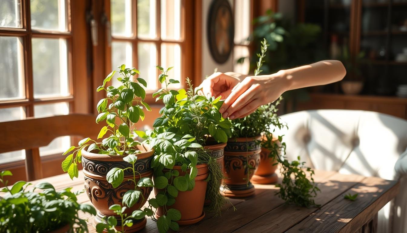 A sun-dappled indoor herb garden, with leafy basil, rosemary, and thyme plants thriving in ornate terracotta pots on a rustic wooden table. A pair of gentle hands carefully harvest the fragrant herbs, their movements graceful and purposeful. Soft natural light filters through large windows, casting a warm glow on the scene. The air is filled with the earthy aroma of the just-plucked greenery. A sense of serenity and contentment pervades the intimate, homely setting, inviting the viewer to slow down and savor the simple pleasures of cultivating and harvesting one's own herbs. A sun-dappled indoor herb garden, with leafy basil, rosemary, and thyme plants thriving in ornate terracotta pots on a rustic wooden table. A pair of gentle hands carefully harvest the fragrant herbs, their movements graceful and purposeful. Soft natural light filters through large windows, casting a warm glow on the scene. The air is filled with the earthy aroma of the just-plucked greenery. A sense of serenity and contentment pervades the intimate, homely setting, inviting the viewer to slow down and savor the simple pleasures of cultivating and harvesting one's own herbs.