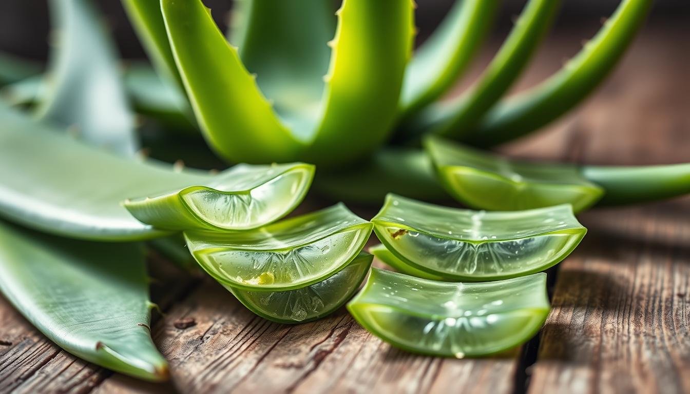 A vibrant, close-up view of freshly harvested aloe vera leaves on a rustic wooden surface. The leaves are plump and glossy, their green hues accentuated by soft, natural lighting from the side. In the foreground, a few carefully sliced aloe vera segments reveal the clear, soothing gel within, highlighting the plant's renowned healing properties. The middle ground features additional whole leaves, while the background subtly blurs to emphasize the subject. The overall scene conveys the soothing, rejuvenating essence of this versatile succulent, inviting the viewer to explore its remarkable health benefits. A vibrant, close-up view of freshly harvested aloe vera leaves on a rustic wooden surface. The leaves are plump and glossy, their green hues accentuated by soft, natural lighting from the side. In the foreground, a few carefully sliced aloe vera segments reveal the clear, soothing gel within, highlighting the plant's renowned healing properties. The middle ground features additional whole leaves, while the background subtly blurs to emphasize the subject. The overall scene conveys the soothing, rejuvenating essence of this versatile succulent, inviting the viewer to explore its remarkable health benefits.