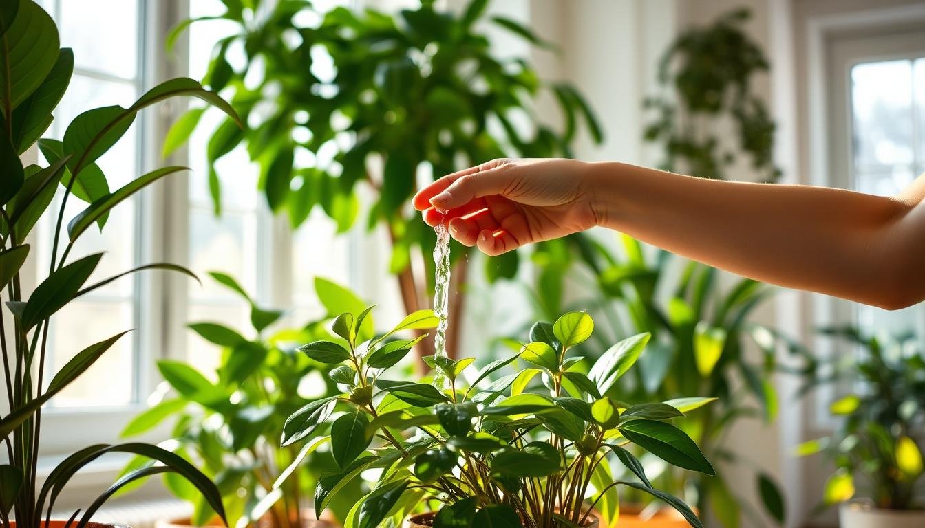 A well-lit, airy indoor space with lush, vibrant houseplants. In the foreground, a person's hands carefully watering a potted plant, pouring water slowly and evenly to avoid overwatering. The plants appear healthy and thriving, with glistening leaves and moist soil. Soft, natural lighting filters through large windows, creating a calming, serene atmosphere. The composition emphasizes the proper technique of watering indoor plants, debunking the myth that more water is always better. The scene conveys a sense of care, attention, and a growing understanding of the unique needs of indoor greenery. A well-lit, airy indoor space with lush, vibrant houseplants. In the foreground, a person's hands carefully watering a potted plant, pouring water slowly and evenly to avoid overwatering. The plants appear healthy and thriving, with glistening leaves and moist soil. Soft, natural lighting filters through large windows, creating a calming, serene atmosphere. The composition emphasizes the proper technique of watering indoor plants, debunking the myth that more water is always better. The scene conveys a sense of care, attention, and a growing understanding of the unique needs of indoor greenery.