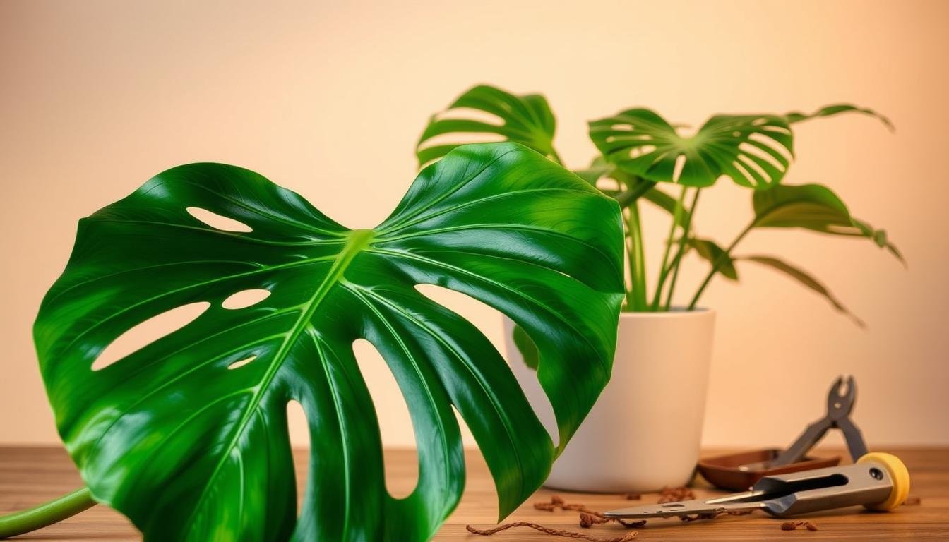 A well-lit, artfully arranged still life showcasing the essentials for thriving Monstera plants. In the foreground, a lush Monstera leaf cascades gracefully, its fenestrations casting dramatic shadows. Alongside, a sleek ceramic pot, its neutral tone complementing the plant's verdant hues. In the middle ground, a watering can, pruning shears, and a small trowel are neatly displayed, suggesting the necessary tools for Monstera care. The background features a neutral, softly lit backdrop, allowing the verdant foliage and earthy accents to take center stage. Warm, diffused lighting bathes the scene, creating a serene, nurturing atmosphere perfect for illustrating the "Lighting Adjustments for Healthy Growth" section. A well-lit, artfully arranged still life showcasing the essentials for thriving Monstera plants. In the foreground, a lush Monstera leaf cascades gracefully, its fenestrations casting dramatic shadows. Alongside, a sleek ceramic pot, its neutral tone complementing the plant's verdant hues. In the middle ground, a watering can, pruning shears, and a small trowel are neatly displayed, suggesting the necessary tools for Monstera care. The background features a neutral, softly lit backdrop, allowing the verdant foliage and earthy accents to take center stage. Warm, diffused lighting bathes the scene, creating a serene, nurturing atmosphere perfect for illustrating the "Lighting Adjustments for Healthy Growth" section.