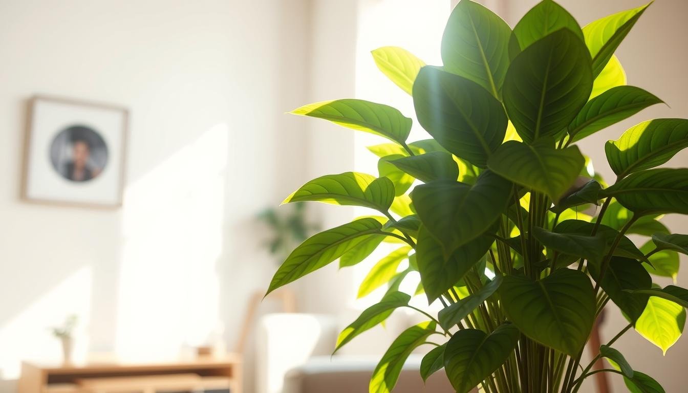 A well-lit houseplant with lush, vibrant leaves, standing in a sunlit room. The plant is bathed in a warm, golden glow, with rays of sunshine streaming through a window. The foreground is in sharp focus, highlighting the intricate textures and patterns of the plant's foliage. The middle ground features a minimal, clean-lined interior, with neutral-toned walls and furniture, allowing the plant to be the central focus. The background is slightly blurred, creating a sense of depth and emphasizing the plant's prominent position. The overall mood is one of serenity and natural harmony, showcasing the importance of proper light exposure for the health and growth of houseplants. A well-lit houseplant with lush, vibrant leaves, standing in a sunlit room. The plant is bathed in a warm, golden glow, with rays of sunshine streaming through a window. The foreground is in sharp focus, highlighting the intricate textures and patterns of the plant's foliage. The middle ground features a minimal, clean-lined interior, with neutral-toned walls and furniture, allowing the plant to be the central focus. The background is slightly blurred, creating a sense of depth and emphasizing the plant's prominent position. The overall mood is one of serenity and natural harmony, showcasing the importance of proper light exposure for the health and growth of houseplants.