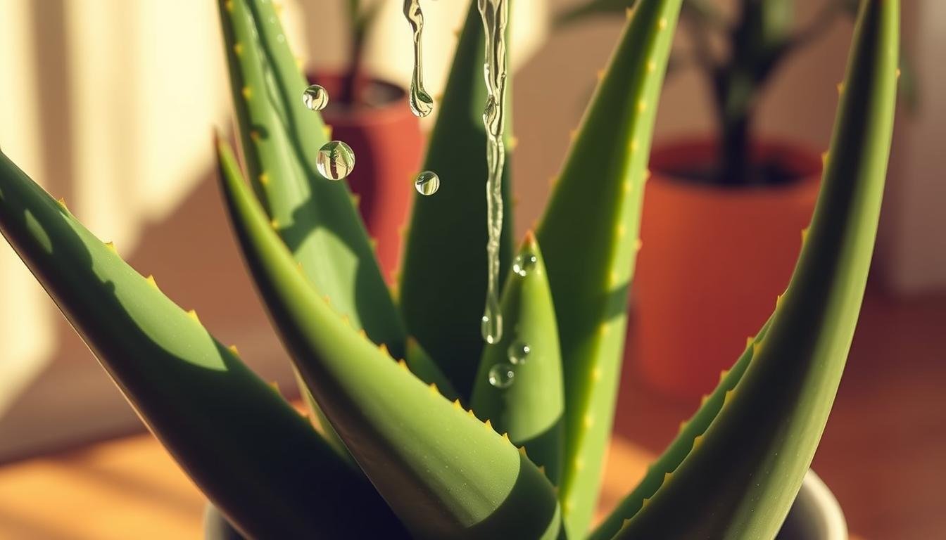 An indoor scene of an aloe vera plant being watered, with detailed close-up shots of the succulent leaves and water droplets glistening on the surface. The plant is positioned in natural, warm lighting, casting soft shadows. The background is blurred, allowing the aloe vera to be the focal point. The composition emphasizes the delicate, fleshy texture of the leaves and the careful, controlled watering technique. The overall mood is one of tranquility and care, reflecting the instructions for properly watering an aloe vera plant. An indoor scene of an aloe vera plant being watered, with detailed close-up shots of the succulent leaves and water droplets glistening on the surface. The plant is positioned in natural, warm lighting, casting soft shadows. The background is blurred, allowing the aloe vera to be the focal point. The composition emphasizes the delicate, fleshy texture of the leaves and the careful, controlled watering technique. The overall mood is one of tranquility and care, reflecting the instructions for properly watering an aloe vera plant.