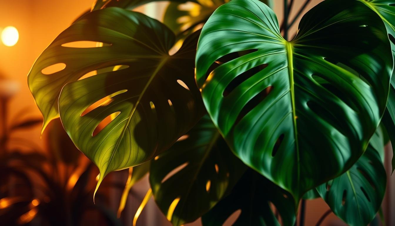 Lush, verdant Monstera deliciosa plant, its large, perforated leaves cascading gracefully in a softly lit indoor setting. Warm, directional lighting from the side, casting dramatic shadows and highlights, emphasizing the plant's sculptural form. The leaves appear vibrant and healthy, their deep green hues accentuated by the lighting. The background is slightly blurred, allowing the plant to be the focal point, showcasing its care requirements and optimal growing conditions. The overall atmosphere is serene and inviting, inspiring the viewer to create a similar harmonious environment for their own thriving Monstera plant. Lush, verdant Monstera deliciosa plant, its large, perforated leaves cascading gracefully in a softly lit indoor setting. Warm, directional lighting from the side, casting dramatic shadows and highlights, emphasizing the plant's sculptural form. The leaves appear vibrant and healthy, their deep green hues accentuated by the lighting. The background is slightly blurred, allowing the plant to be the focal point, showcasing its care requirements and optimal growing conditions. The overall atmosphere is serene and inviting, inspiring the viewer to create a similar harmonious environment for their own thriving Monstera plant.