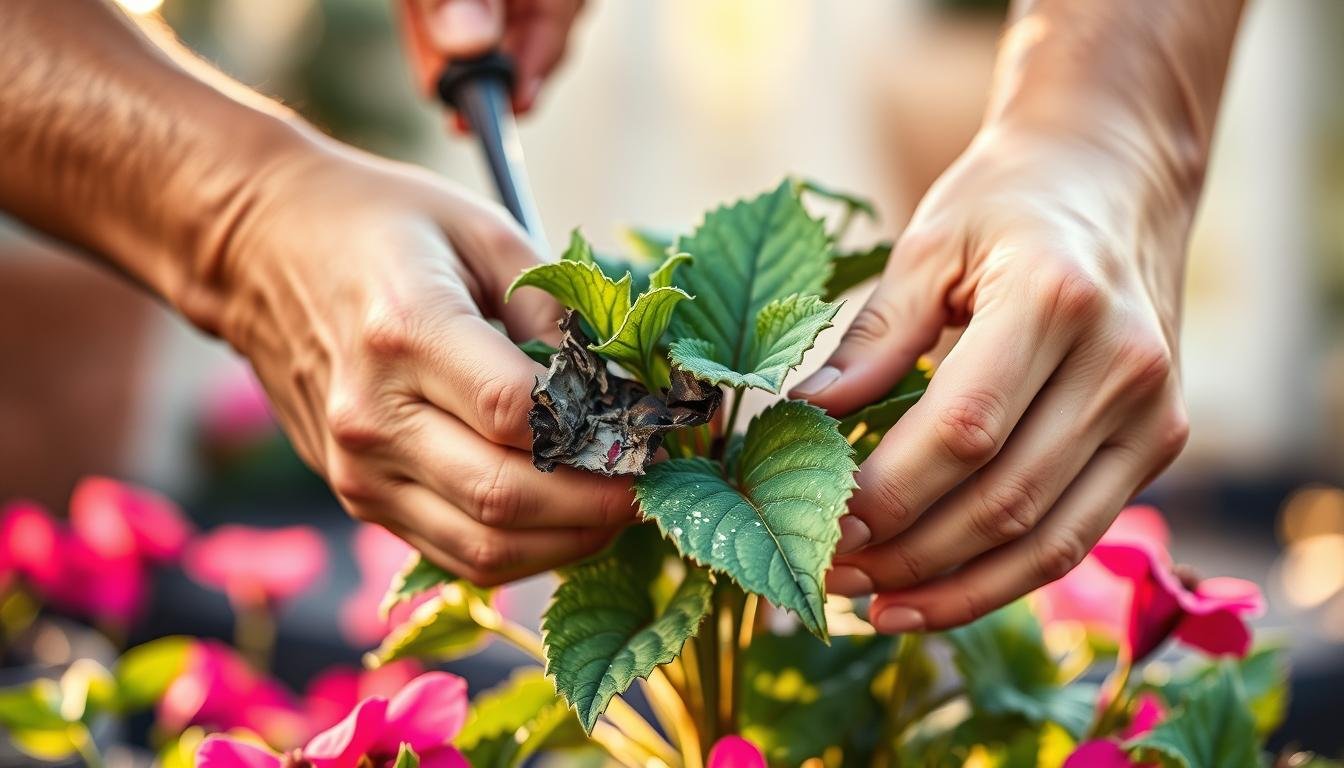 Pruning damaged petunia foliage