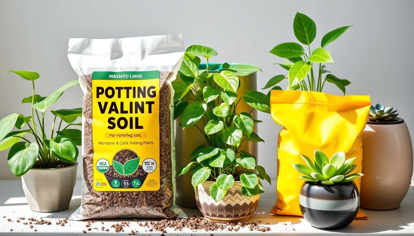 Various potting mix bags for indoor plants with healthy houseplants