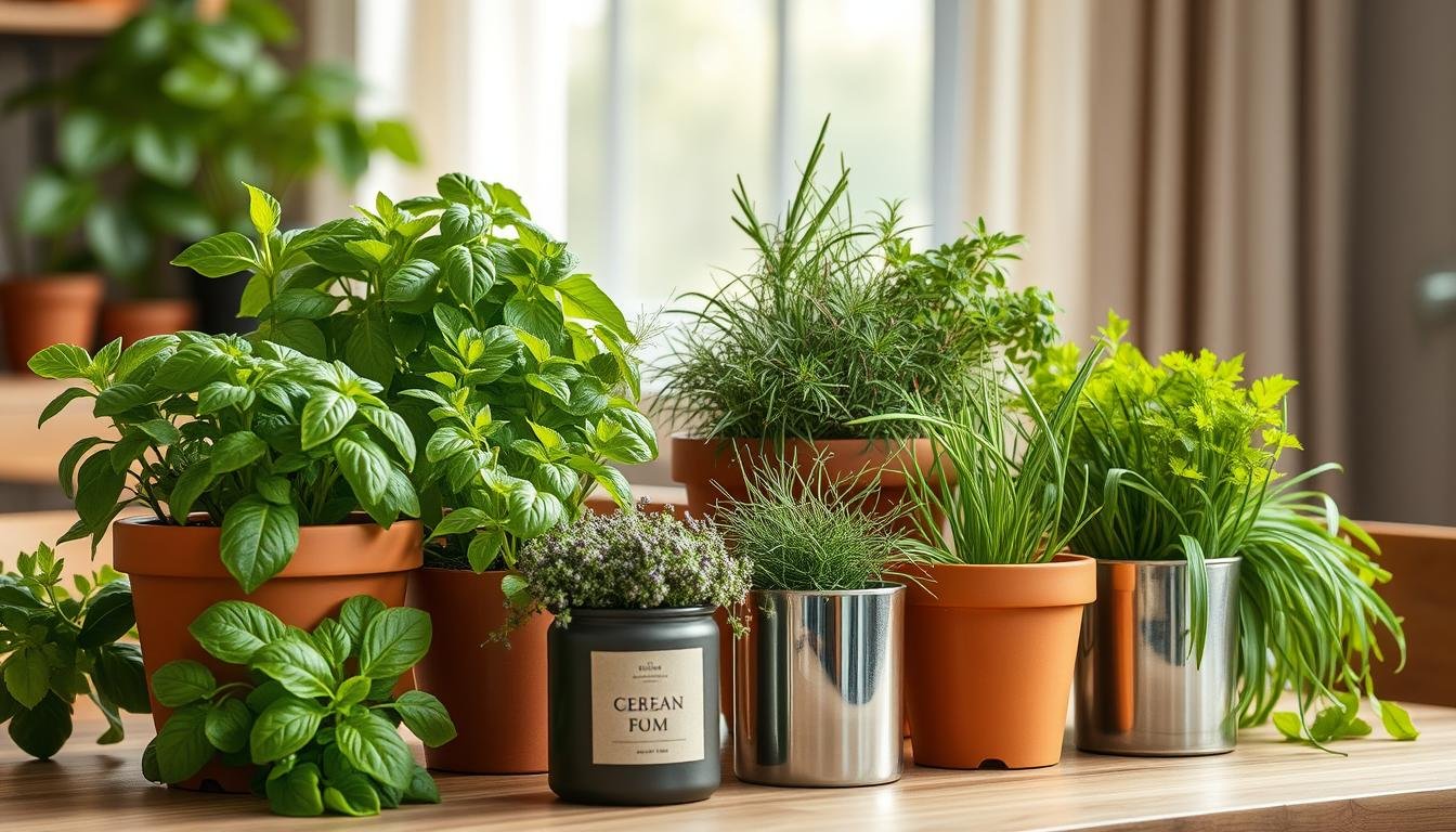 Vibrant indoor herb garden containers, brimming with lush, verdant foliage. A minimalist, scandinavian-inspired setup, with a mix of terracotta pots, sleek glass jars, and modern metal planters arranged on a natural wood table. Soft, diffused lighting from a nearby window casts a warm glow, highlighting the intricate textures and hues of the thriving herbs - fragrant basil, robust thyme, and delicate chives. The overall composition radiates a sense of tranquility and homegrown abundance, perfectly capturing the essence of an urban oasis for culinary herbs. Vibrant indoor herb garden containers, brimming with lush, verdant foliage. A minimalist, scandinavian-inspired setup, with a mix of terracotta pots, sleek glass jars, and modern metal planters arranged on a natural wood table. Soft, diffused lighting from a nearby window casts a warm glow, highlighting the intricate textures and hues of the thriving herbs - fragrant basil, robust thyme, and delicate chives. The overall composition radiates a sense of tranquility and homegrown abundance, perfectly capturing the essence of an urban oasis for culinary herbs.