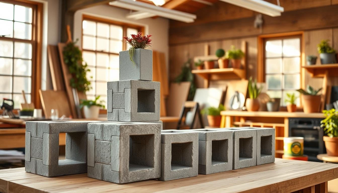 assembling cinder blocks for plant shelf