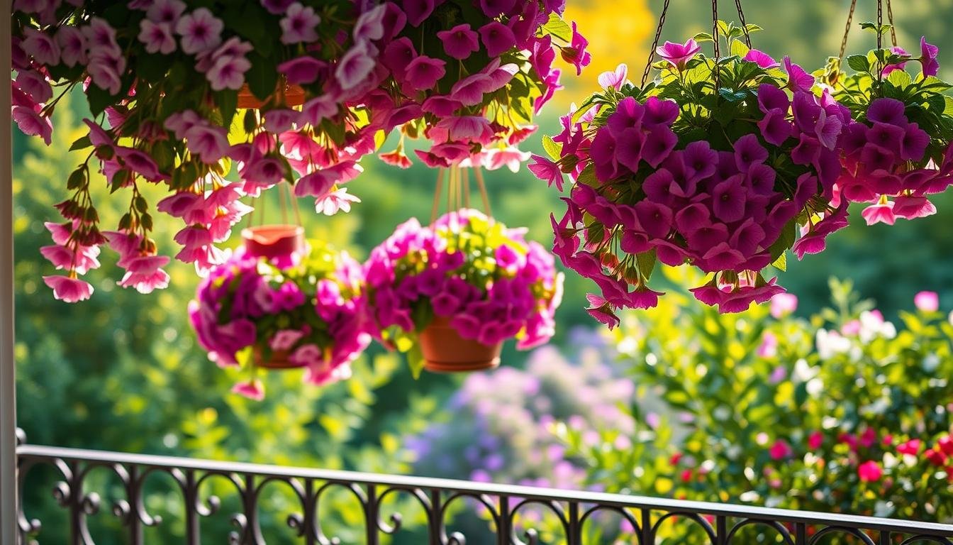 petunia hanging baskets on balcony