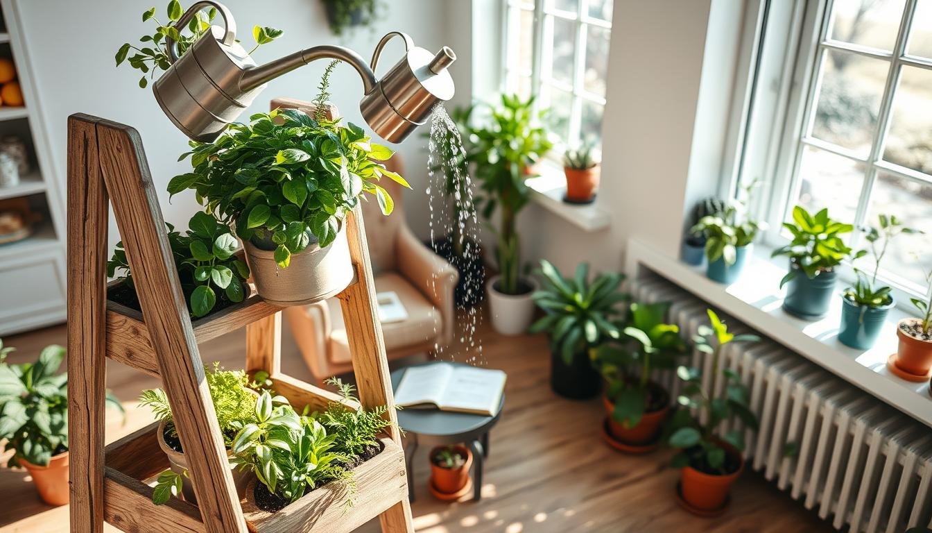 watering plants on tiered stand watering plants on tiered stand